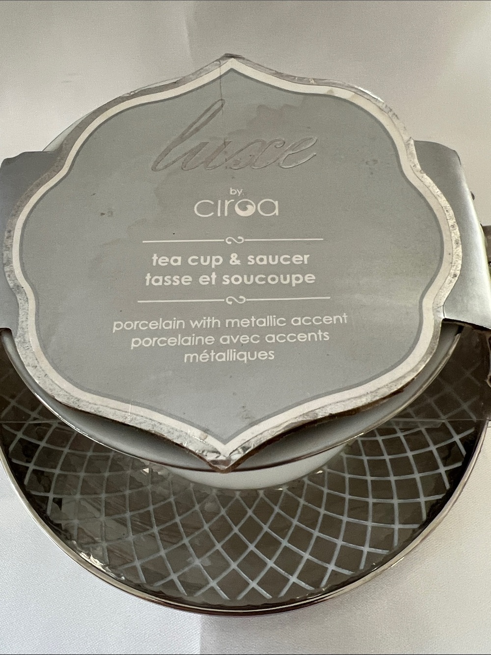Ciroa LLuxe  Gray Porcelain Tea Cup & Saucer with Silver Trim